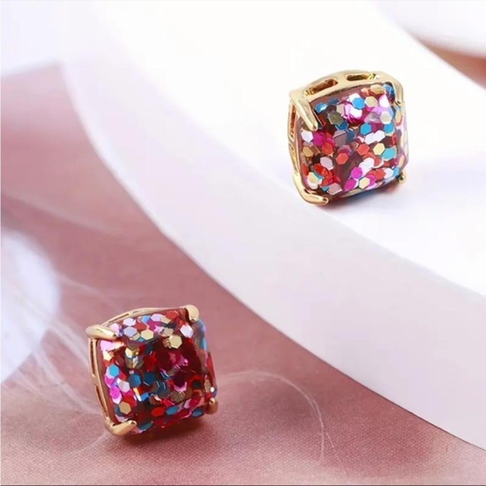 Confetti Glitter Square Stud Earrings Colorful Sparkle Statement NWT